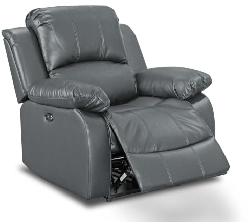 Grey Faux PU Leather Electric Lazy Boy Recliner Armchair – Large Single / One Seater Sofa Recliner Lounge Chair for Living Room , Durable PU Fabric , 3 – Position Reclining Mechanism for Elderly