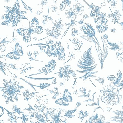 LiKiLiKi Film Adhésif Pour Meubles Bleu et Blanc Papier Peint Fleuri 44×300 cm Papier Peint Autocollant Fleurs et Papillons Papier Peint à Motifs Vinyl Film Imperméable pour Salon Meubles Cuisine