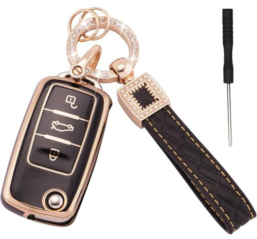 Misuyue VW Schlüsselhülle, VW Schlüssel Cover für VW Polo Golf 3/4/5/6 Skoda Passat Seat, 3 Tasten Skoda Schlüsselhülle+ Lederanhänger Schlüsselanhänger (Schwarz)