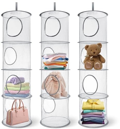 3 Stück Hängeregal Mesh Hängende Netz-Aufbewahrungstasche, 4 Stufe Faltbare Hängeaufbewahrung Organizer, Hängender Speicherkorb Kinder, Kuscheltiere Hängeregal für Kleine Kleidung(Grau)