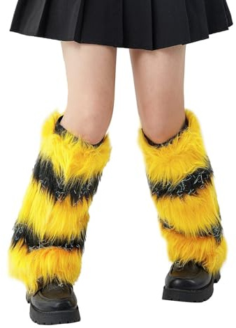WAVDSYB Womens Faux Fur Fuzzy Leg Warmers Warm Fuzzy Rainbow Boot Sleeves Christmas Boot Covers Cuff Fluffy Rave Music(A Yellow Black)