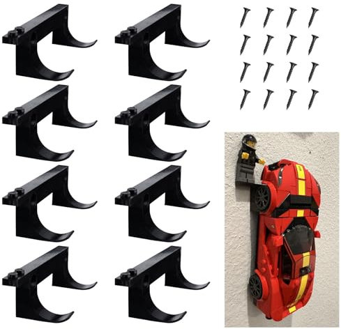 8 Pcs Wall Mount Fit for Any Lego Speed Champions Sets, Wall Bracket for Lego Speed of Champions Brick Cars with a Base for The Pilot/ Figure, Display Collectible Cars by Wheels on Wall, Black