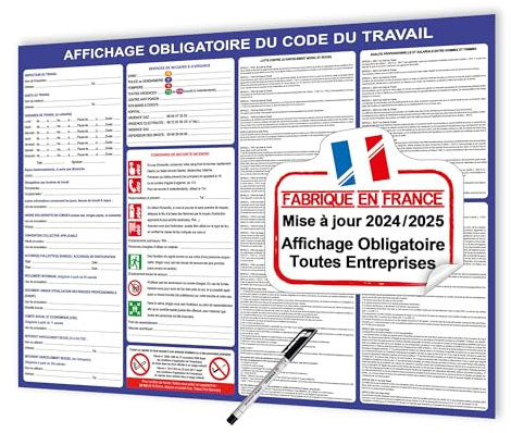 Panneau affichage obligatoires entreprises version 2025 - Affichage réglementaire entreprise - Panneau affichage code du travail - Format A2 plastifié effaçable + feutre & adhésif (59,4 x 42 cm) CDTA2