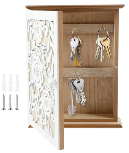 QINGLANG Key Cabinet Wall Mounted with 6 Key Hooks Wooden Key Holder for Wall Decorative Key Box Farmhouse Key Rack Key Hanger Key Safe Cupboard for Home Office Entryway