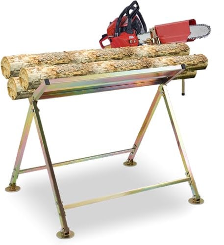 Eikuavons Sägebock für kettensägen mit Kettensägenhalterung bis 150 kg Sägeständer Klappbar mit Halterung für Sägewerke Werkstätten Gärten 81x72x78,5 cm Gold