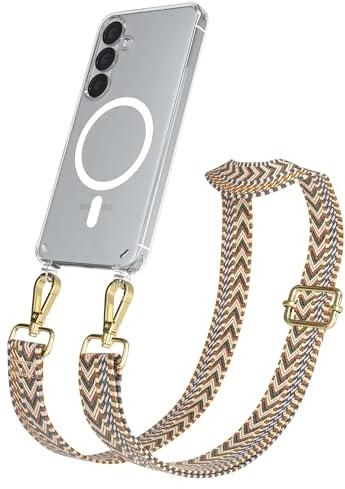 EAZY CASE Handykette - Verstellbares Taschenband kompatibel mit Galaxy S25, Schulterriemen, Handykordel mit Silikon Hülle, Qi Charging kompatibel, Umhängetasche, Braun Gold
