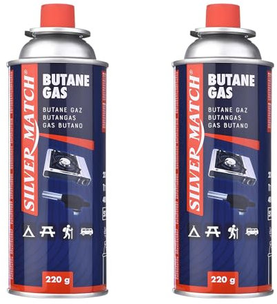 2 Silver Match Cartuchos de Gas Butano 220g para Hornillos y Quemadores, Compatible con CP250 y la Mayoría de Hornillos de Camping