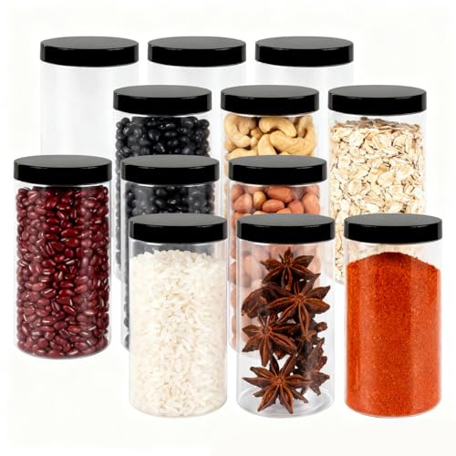 FUNSUEI 12 Pack 1000ml Round Plastic Jars with Lids, Kitchen Food Container | Leak-Proof, for Pasta, Dry Goods & DIY Crafts