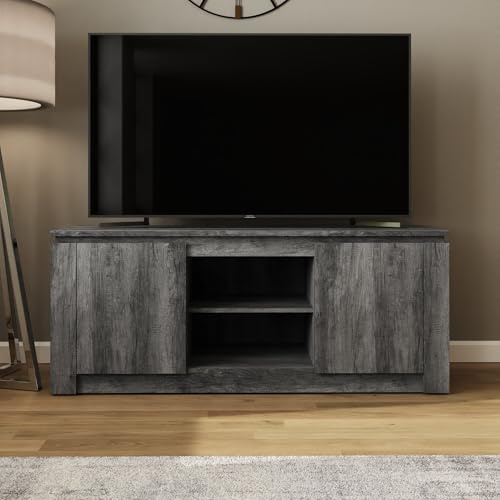 GFW Canyon Charcoal Grey Wide TV Unit, Industrial Style TV Stand with Storage Cupboards & Open Shelving