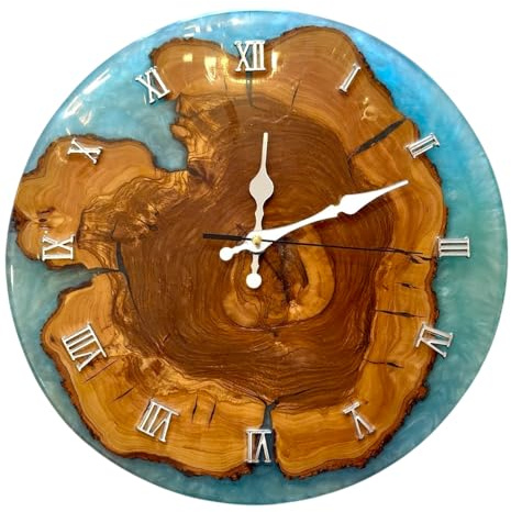 Generico Orologio da Parete Artigianale in Legno d'Ulivo e Resina, Design Rustico, 32 cm, Fatto a Mano