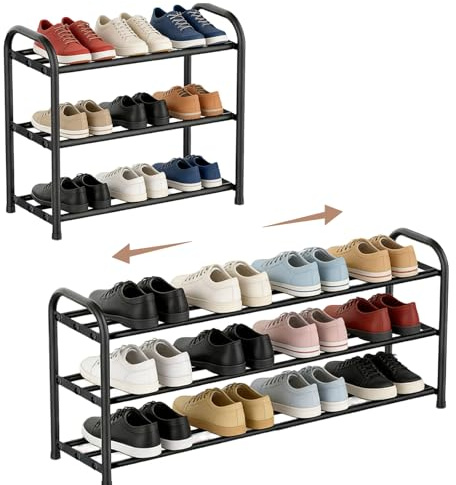 Tmefoy Schuhregal Schmal Ausziehbar Platzsparend, 3 Etagen Shoe Rack, Kleines Schuhregal Metall Schwarz, Schuhschrank schmales, Schuhständer geeignet für Flure Durchgänge Outdoor