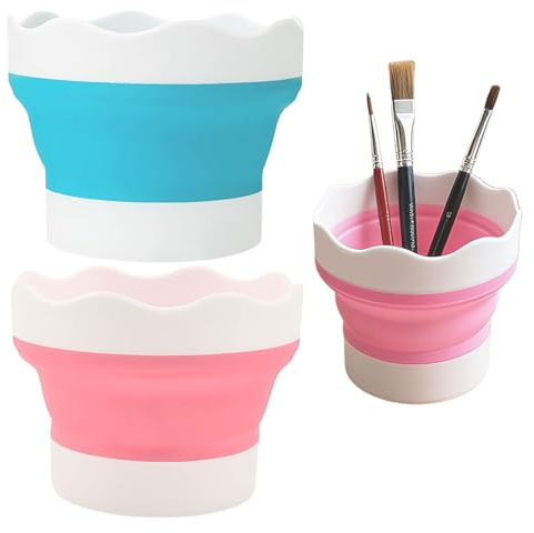 Whispern Cloud 2 Pack Collapsible Silicone Paint Brush Washers, Pink,Blue | Collapsible Silicone Paint Brush Washers Stable Base, Easy Clean, Multi-Use for Watercolor Acrylic Oil Painting & Outdoor Art