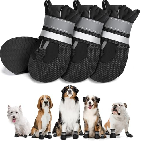 Adiwo 4 Piezas Zapatos Impermeables para Perros, Botas Antideslizantes para Perro, Protector de la Patas Perro con Correas Reflectantes, Ajustable Lavable para Perros Pequeños, Medianos y Grandes