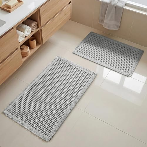 wiipara Badezimmerteppich Set 2 Teilig, Boho Waffel Badteppich, Grau | Rutschfeste Badematte Waschbar Badezimmermatte Bad Vorleger für Wohnzimmer Badezimmer Wäscheraum Küche, 46x77cm + 43x61cm