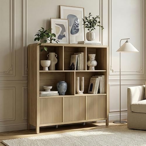 [en.casa] Highboard Lukkodso Kommode Sideboard 102 x 98 x 30 cm Mehrzweckschrank Wohnzimmerschrank mit 3 Türen und 8 Fächern Schrank für Wohnzimmer Eicheoptik, mittelhell