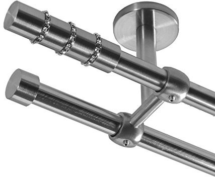 BASIT Gardinenstange Deckenmontage 2 läufig 120cm lang Edelstahl Look Metall Gardinenstange 2 läufig Deckenbefestigung Ø16mm I 120-600cm wählbar D21