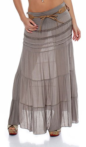 Malito – Rock Damen bodenlang aus Baumwolle mit elegantem Strickmuster & Kunstleder Gürtel – Maxi Rock lang mit breitem Bund – Luftiger Sommerrock 1116 (Fango 34-40)