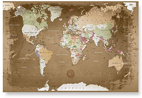 LANA KK – Weltkarte Glasbild „Weltkarte Oldstyle” edler Glas-Kunstdruck hinter 4 mm starkem geschliffenem Glas in braun, einteilig in 120x80cm