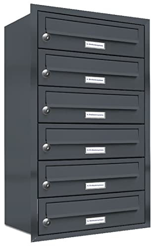 AL Briefkastensysteme, 6er Unterputzbriefkasten in Anthrazit Grau RAL 7016, 6 Fach wetterfeste Briefkastenanlage Design modern