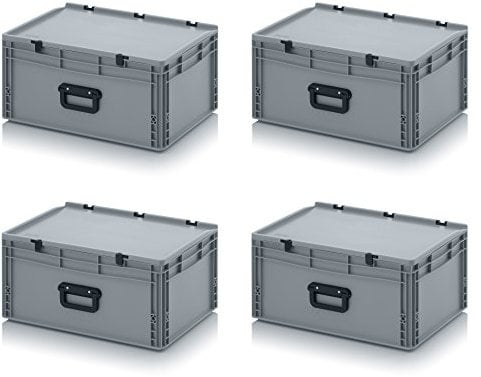 Auer Packaging 4x Eurobehälter 60 x 40 x 28,5 mit Scharnierdeckel und Griff (Tragegriff, Klappgriff) inkl. gratis Zollstock, 4er Set