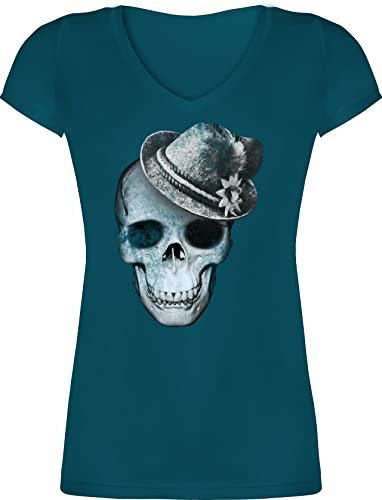 T-Shirt Damen V Ausschnitt - Kompatibel Oktoberfest - Totenkopf mit Filzhut - L - Türkis - Trachten Shirt Tshirt Bayern trachtenshirt weiter t-Shirts trachtenlook bayrische Tshirts bayrisches