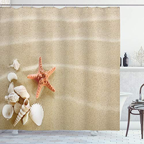 ABAKUHAUS Schale Duschvorhang, Exotische Muscheln mit Sand, Stoffliches Gewebe Badezimmerdekorationsset mit Haken, 175 x 200 cm, Pale Sepia Salmon Elfenbein