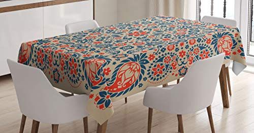 ABAKUHAUS Paisley Tischdecke, Kultur Folk orientalisch, Personalisierter Druck mit Klaren Farben Waschbar Wasserfest kein Verblassen, 140 x 170 cm, Nachtblau Orange Tan