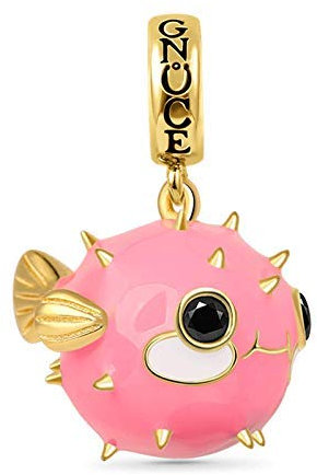 GNOCE Kugelfisch Anhänger Charm Sterling Silber 18 Karat vergoldet rosa Emaille Fisch Tierf BeadS Charm Fit Armband/Halskette Geschenk für Frauen Mädchen Tochter