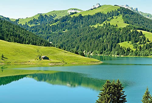 Fototapete Alpen Berge See Launensee Gstaad Schweiz Schlafzimmer Wohnzimmer | 3,84 m x 2,6 m | Grrün, Blau, Grau