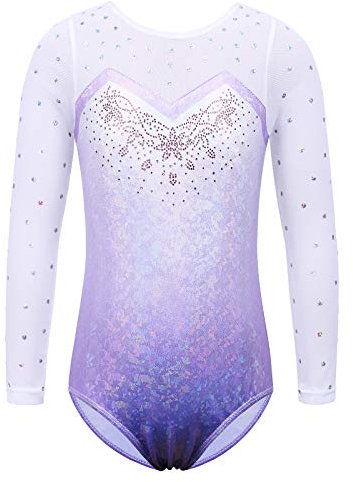 ZNYUNE Kinder Gymnastik Trikot mit Pailletten Mädchen Gymnastikanzug Langarm in Tüll 268 Lightpurple 5A
