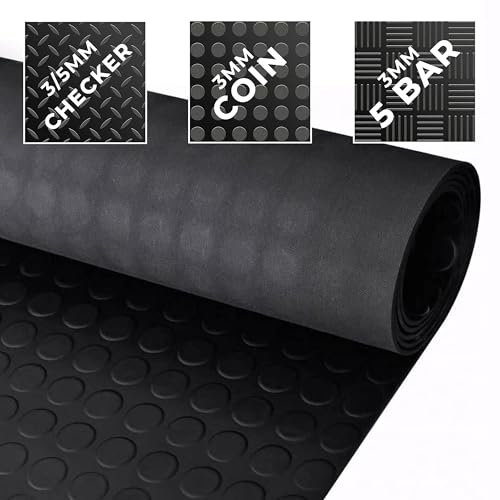 Trident Checker Rubber Flooring 3mm Thick Non Slip Mats for Camper Van, Anti Slip Matting Roll for Shed, Gym, Garage & Workshop. Black Non Slip Matting Roll, Length: 0.5M