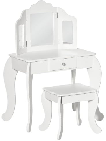 HOMCOM Kinder Frisierkommode mit Hocker, Triptychon-Spiegel und ausziehbarer Schublade - Frisierkommode Abm. 63L x 40l x 85,5H cm - Acrylweiß