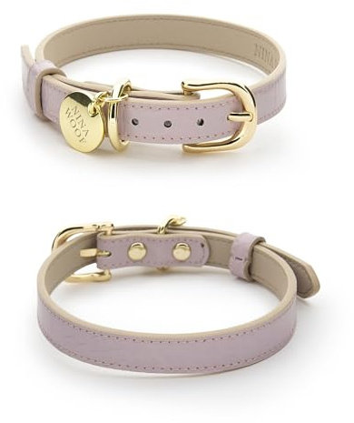 Nina Woof Milan Hundehalsband aus veganem Leder, Lila, M 38-48 cm | gepolstert, verstellbar, weiches Innenfutter, matte Kroko-Optik, Logo-Prägung, goldfarbene Schnalle, Welpen, kleine Rassen