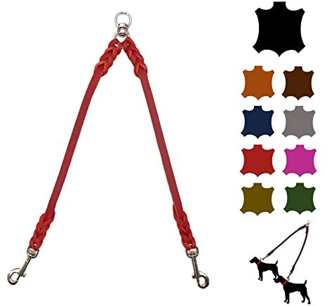 Hundeleine Doppelleine für 2 Hunde/Koppelleine Fettleder/Verbindungsleine kleine Hunde/große Hunde (45cm Breite: 12mm, Rot)