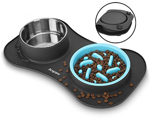 Anipaw Slow Feeder Dog Bowls 3 in 1 Stainless Steel Food and Water Bowls with Non-Spill and Skid Silicone Mat to Slow Down Eating for Large Medium Small Breed Size Dogs and Cats