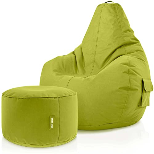 Green Bean 2er Set Sitzsack mit Rückenlehne + Hocker rund - Gaming Chair, EPS-Perlen Füllung, Waschbar, Wetterfest - Gemütlicher Lounge SitzHocker rund für Indoor und Outdoor in Grün
