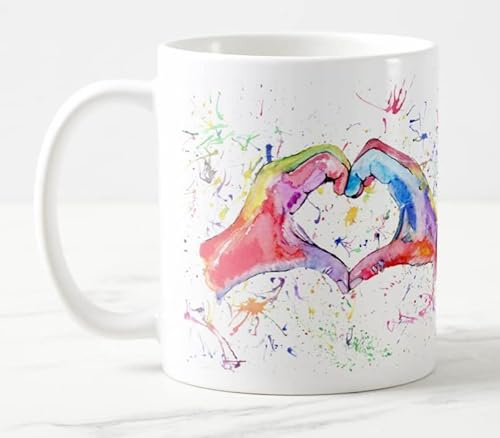 Vixar Hand Heart Rainbow Love Hands Watercolour Art Coloured Mug Cup Gift Birthday Work Office Christmas Tea Coffee (White)