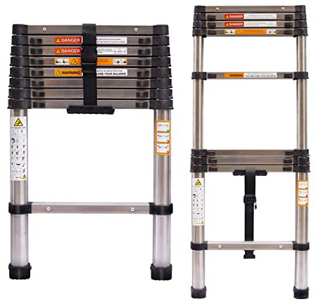 2.6M Telescopic Ladder 8.5FT Multi-Purpose Stainless Steel Telescoping Ladder Extendable Portable Loft Ladder with EN131 Standard Easy to Carry for Draw Wall Replace Bulb Clean Window Repair Roof