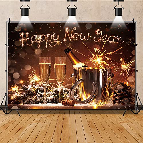 Bovlleetd 180x120cm Happy New Year Hintergrund Glitter Champagner Gold Feuerwerk Fotografie Hintergrund Weinfass funkelnden Hintergrund Winter Urlaub Dekoration Banner Zubehör