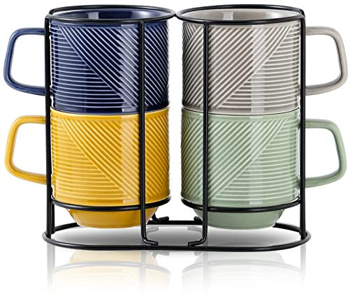 Adewnest Stackable Coffee Mugs with Rack: 13 oz Stacking Ceramic Cups with Stand for Home & Office- Porcelain Stacked Tea Mug Set of 4