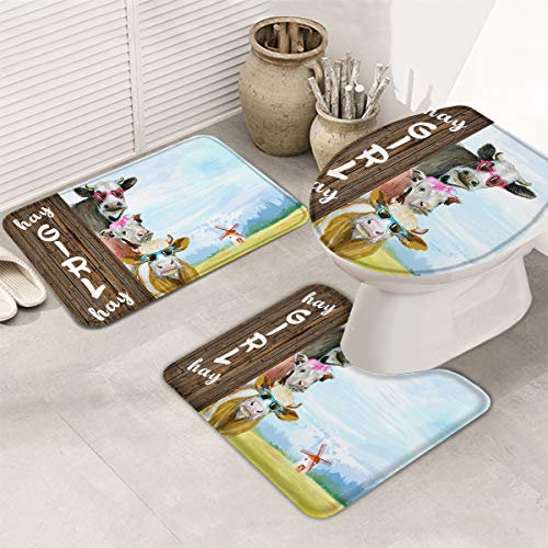 Set 3 Teilig Badvorleger Bauernkuh Mit Sonnenbrille Hay Girl Hay Langlebige Bade-Matte+Kontur+Wc-Deckelabdeckung Dekorative Badgarnitur Badematten Für Badewanne Badezimmer Wc-Sitz Bezug