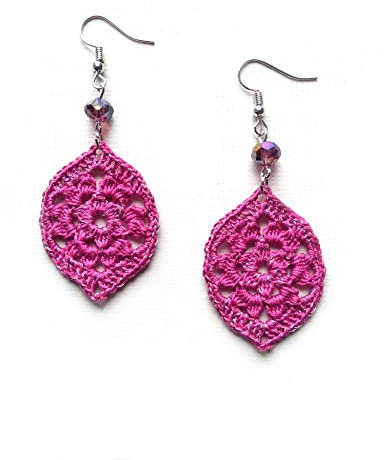 Pendientes ovales, pendientes boho de encaje tejidos a crochet, fucsia, pendientes artesanales, joyería para mujer
