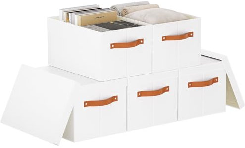 YheenLf 5 Stück Aufbewahrungsbox 26cm hoch weiß, Stoffbox mit Deckel 42x30x26cm, Aufbewahrungskörbe mit Griffen, Stoffboxen Aufbewahrung für Kleidung, Bücher