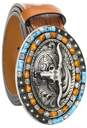 INOGIH Herren-Western-Cowboy-Lederschnalle, Gürtel mit Langhorn-Bull-Blumen-Gravur, Gürtelschnalle für Jeans, 83,8 cm bis 106,7 cm Taille, Bull-Brown-Stil2, For Waist 34''- 39''