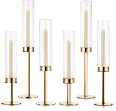 Kerzenständer Glas Kerzenhalter Stabkerzenhalter Gold: Candeldo 6er Set Windlicht Kerzenleuchter Vintage Kerzenhalter Hoch für Stabkerzen Glaszylinder Hochzeit Weihnachten Tischdeko