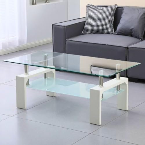 Table basse 110x60 cm blanche avec deux plateaux en verre - Titania
