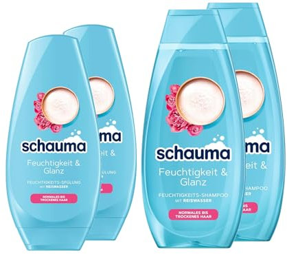 Schauma Feuchtigkeits-Shampoo Feuchtigkeit & Glanz (2x 400 ml) reinigt die Kopfhaut sanft für glänzendes & gesund aussehendes Haar & Spülung (2x 250 ml) Haarspülung mit Reiswasser