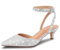 PIZZ ANNU Kitten Heel Shoes for Women Low Heel Pointed Toe Court Shoes for Women Ankle Strap Wedding Shoes for Bride Size 8 Silver