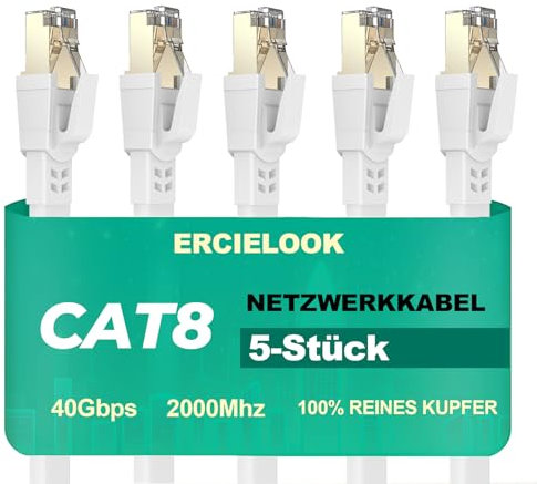 Ercielook Cat 8 Câble Ethernet 0,15m 5 Pièces – Câble Réseau 40Gbps 2000MHz Plat STP RJ45 LAN Câble Compatible avec Routeur Modem Switch