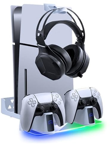 Mcbazel PS5 Wall Mount Kit with Charging Station, RGB Wall Mount Bracket Stand with Headphone Hanger Accessories for PS5 Pro/PS5/PS5 Slim Disc & Digital(RGB light app control)